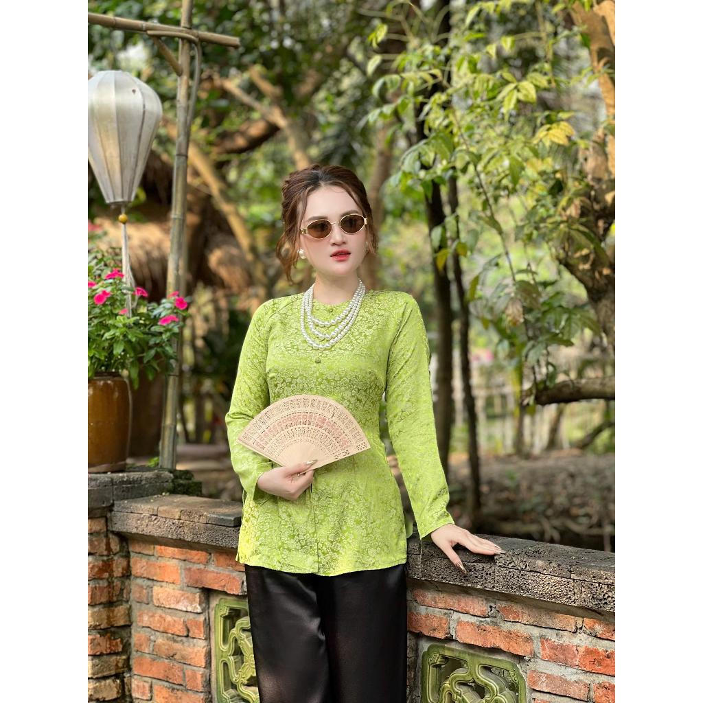 B.A150 - Áo Bà Ba Gấm Tơ Hoa BaBi Cổ Tròn Nút Nụ Tay Dài Dây Kéo