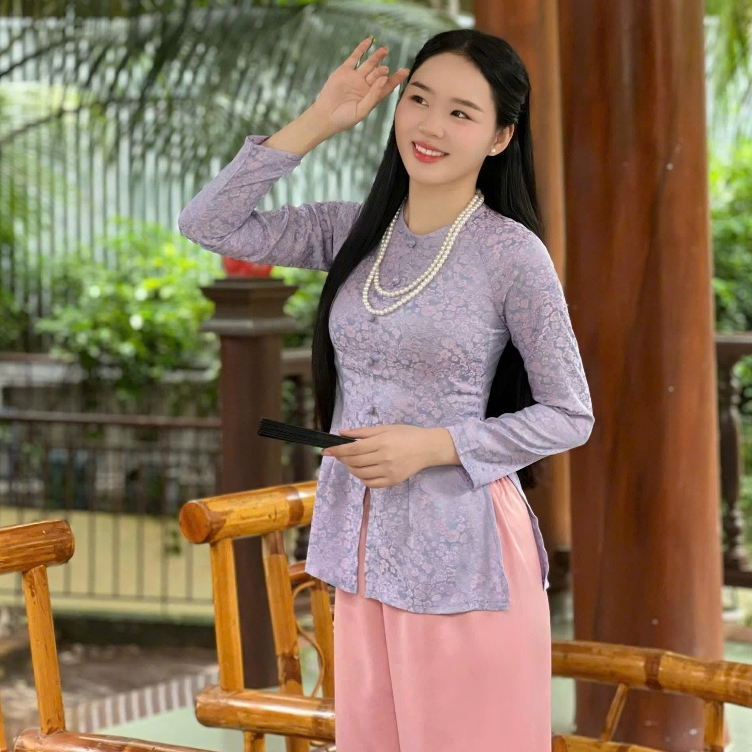 B.A150 - Áo Bà Ba Gấm Tơ Hoa BaBi Cổ Tròn Nút Nụ Tay Dài Dây Kéo