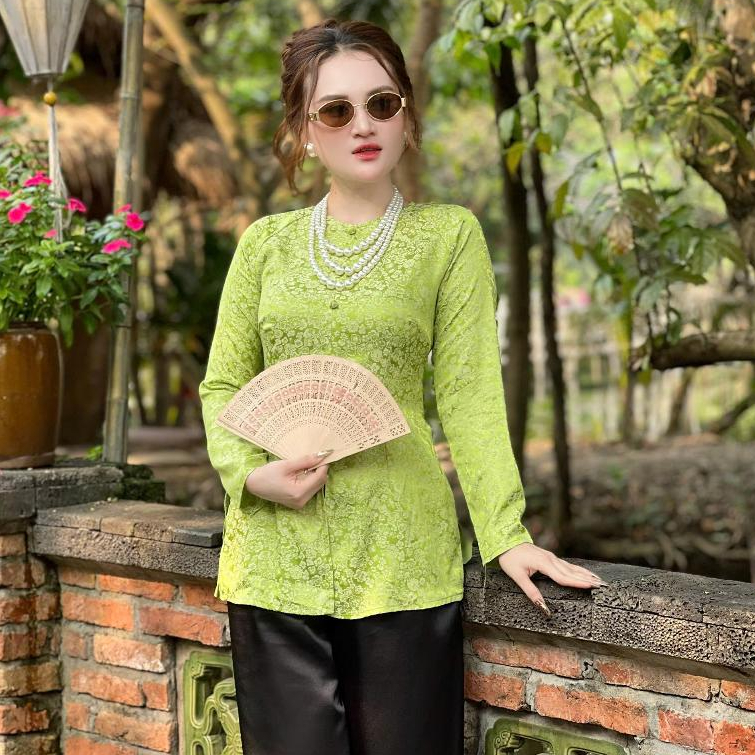 Hân Nguyễn Áo Bà Ba - B.A150 - Áo Bà Ba Gấm Tơ Hoa BaBi Cổ Tròn Nút Nụ Tay Dài Dây Kéo