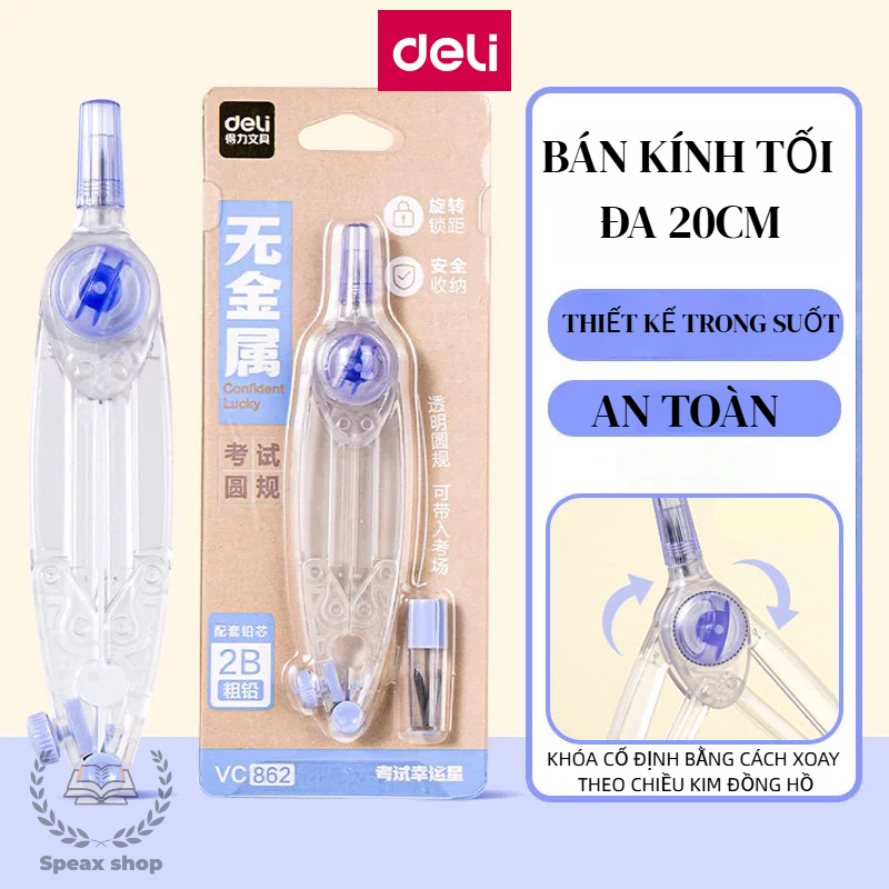 Compa Deli Trong Suốt – Bán Kính 20cm, Khóa Xoay Cố Định, An Toàn Cho Học Sinh, Dụng Cụ Hình Học Bán Chạy
