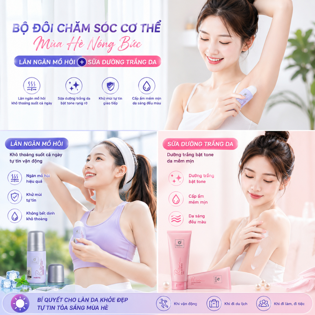 【Mua 1 tặng 1】 【Bộ sản phẩm mùa hè】 Gel chống mồ hôi và khử mùi + Kem dưỡng thể làm trắng, dưỡng ẩm và làm sáng da