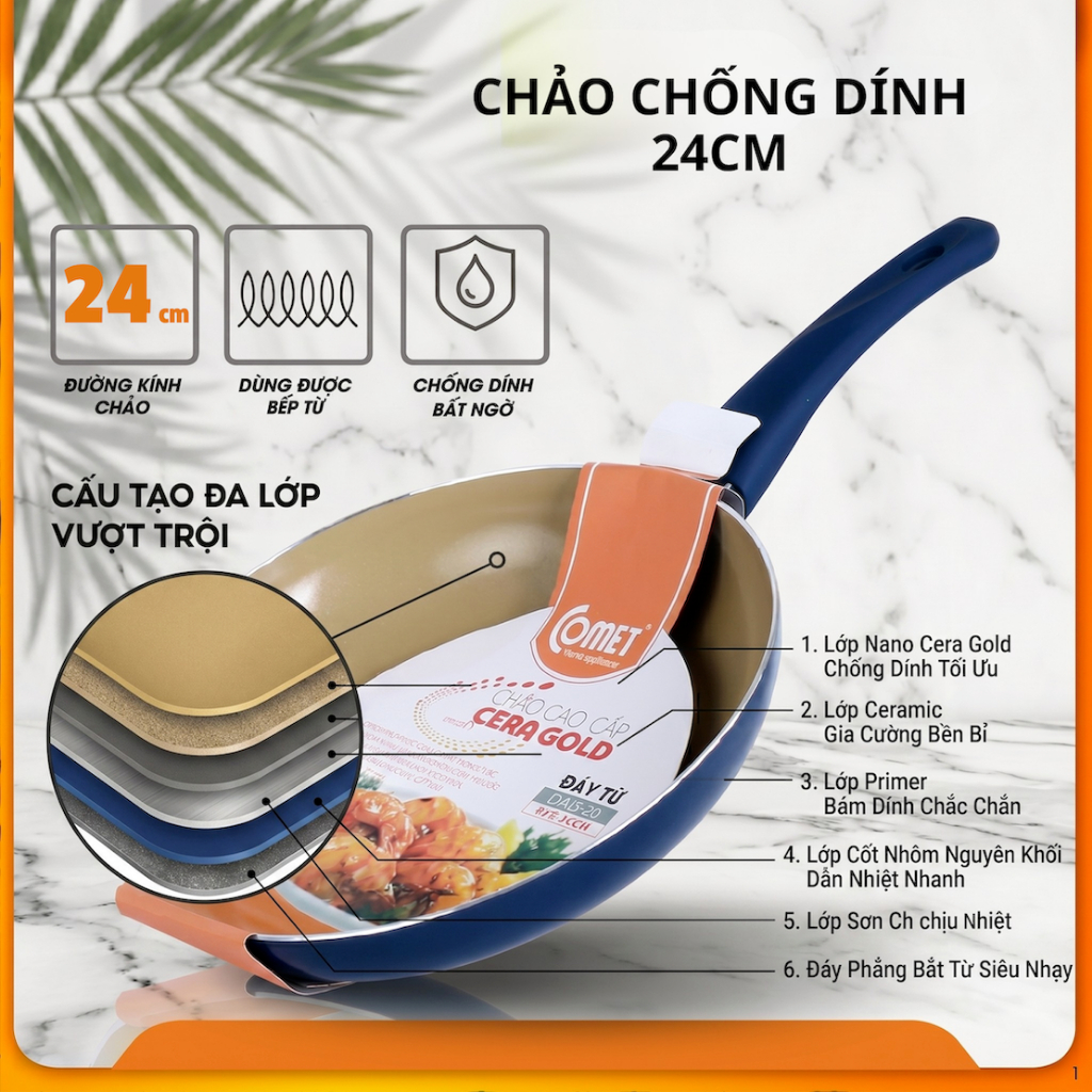 Chảo Comet Chống Dính Đáy Từ 24cm Cao Cấp Lớp Đá Ceramic Phủ Nano Nhôm Dày Dẫn Nhiệt Nhanh