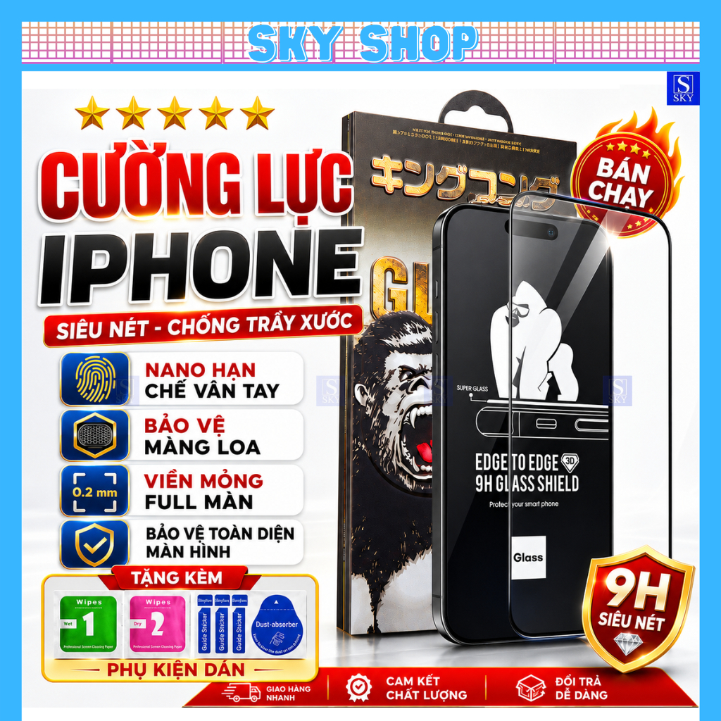 Kính cường lực iphone 15 pro max 14 pro max 11 13 promax 12 7 8 Plus xsmax xr x xs 16 17 ProMax 17 Air  - Full màn 3D