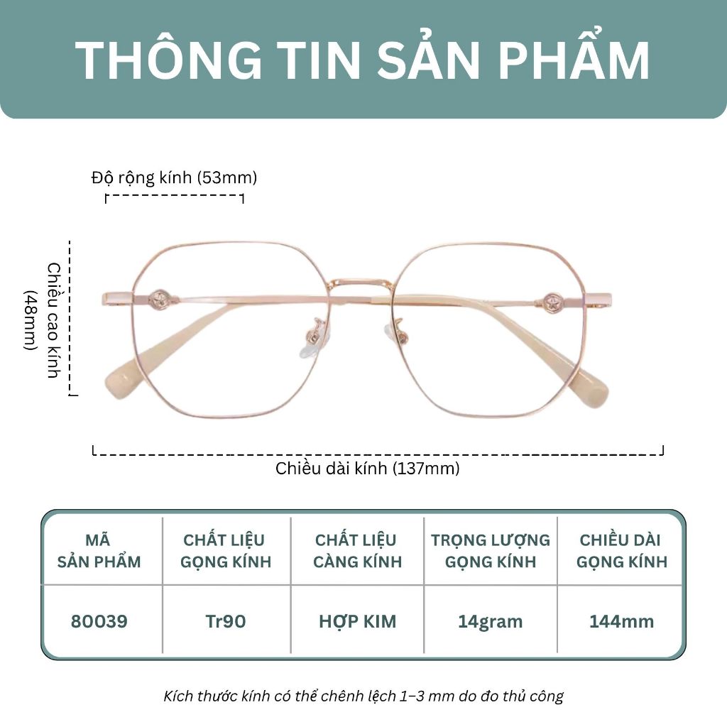 Kính Cận Thời Trang INNI Gọng Kim Loại Form Đa Giác, Phong Cách Hàn Quốc, Chống Ánh Sáng Xanh 8046