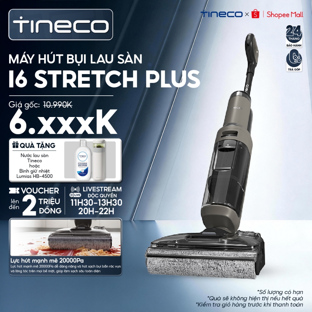 Máy hút bụi lau sàn khô ướt Tineco Floor One i6 Stretch Plus-Lực hút 20000Pa-Nằm phẳng 180°-Giặt sấy nóng - BH 24 Tháng