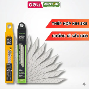 Hộp 10 Lưỡi Dao Rọc Giấy Deli Zentor, Chất Liệu Thép Hợp Kim Siêu Bền Chống Gỉ Sét, Sắc Bén, Mũi Dao 30 Độ