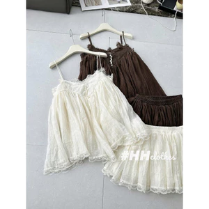 Sét áo tơ 2 dây viền ren kèm cv S259 SML kem, nâu