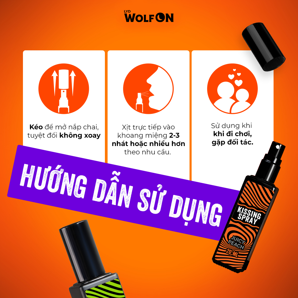 Combo Kissing Spray Vị Dưa Hấu, Đào, Bạc Hà LYD Wolf On, Xịt Thơm Miệng, Vị The Mát Tự Nhiên 20ml
