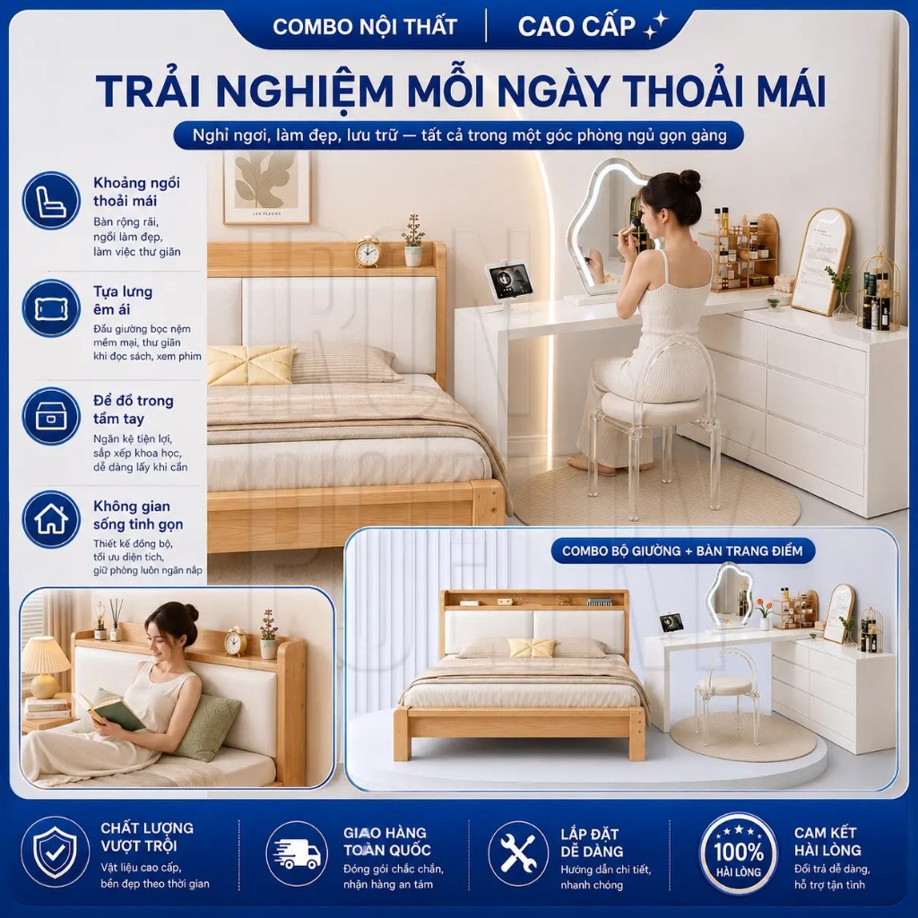 IRONPO Giường Gỗ Bắc Âu Tối Giản Tone Kem Sang Trọng Khung Chắc Chắn Cho Phòng Ngủ Hiện Đại