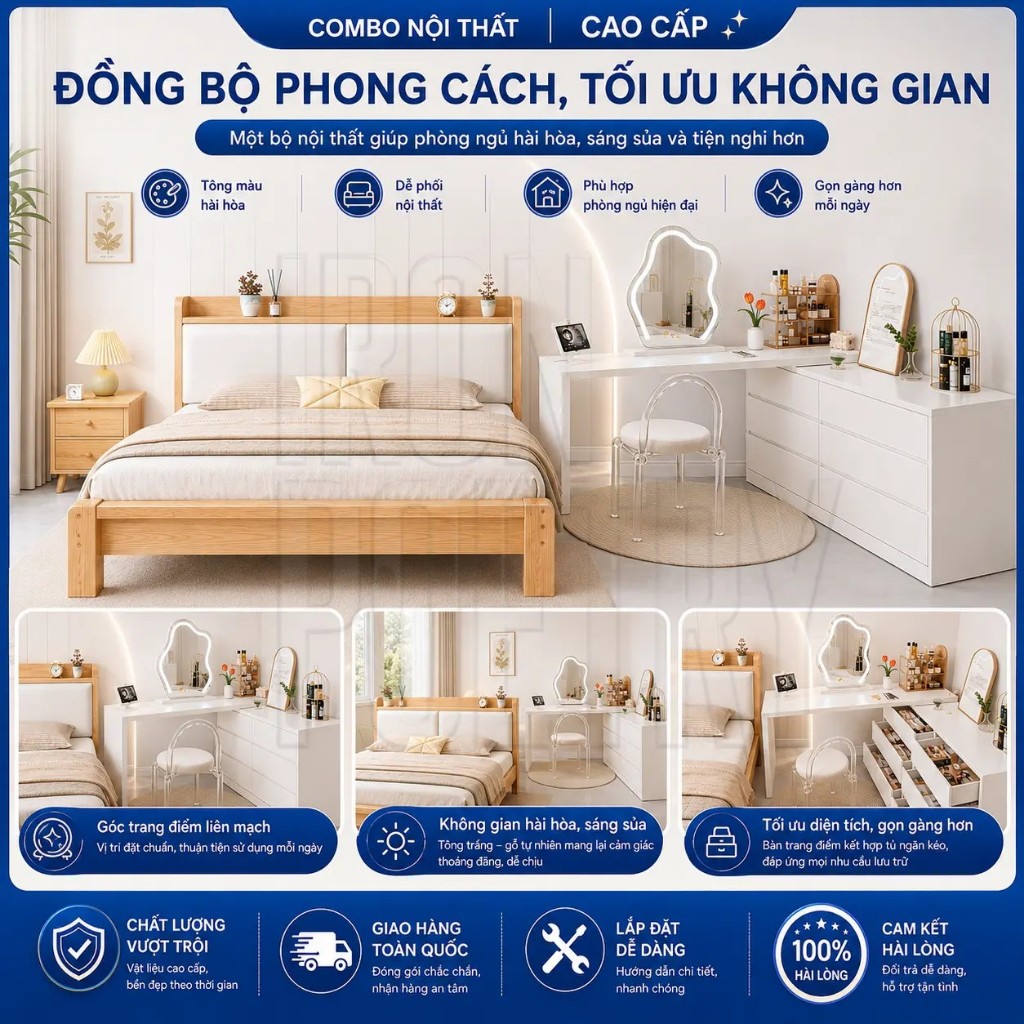IRONPO Giường Gỗ Bắc Âu Tối Giản Tone Kem Sang Trọng Khung Chắc Chắn Cho Phòng Ngủ Hiện Đại