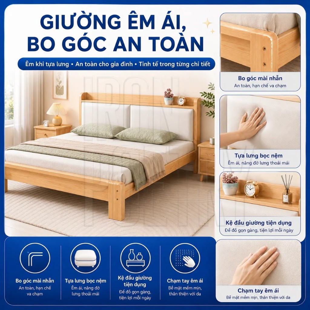 IRONPO Giường Gỗ Bắc Âu Tối Giản Tone Kem Sang Trọng Khung Chắc Chắn Cho Phòng Ngủ Hiện Đại