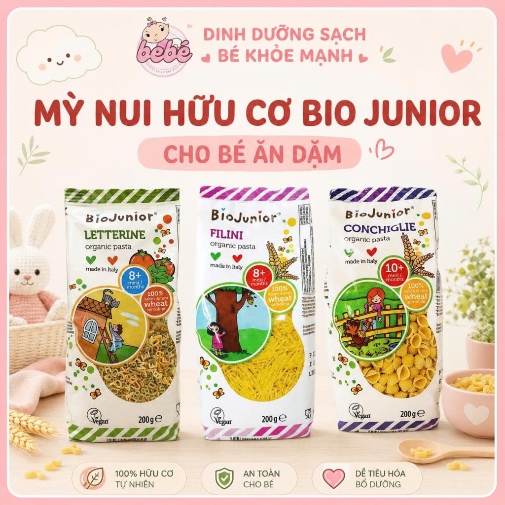 Mì, nui hữu cơ BIO JUNIOR Ý cho bé ăn dặm. Mì spaghetti dạng sợi mini hữu cơ BioJunior Ý cho bé