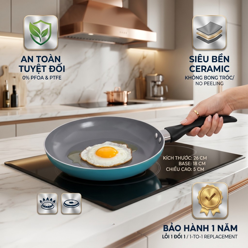 Chảo chống dính Ceramic 26 cm, Chảo Chống Dính Comet Nhôm Cao Cấp Ceramic Nano Ít Dầu Dễ Vệ Sinh