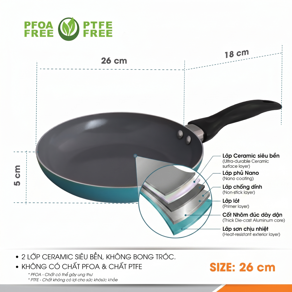 Chảo chống dính Ceramic 26 cm, Chảo Chống Dính Comet Nhôm Cao Cấp Ceramic Nano Ít Dầu Dễ Vệ Sinh