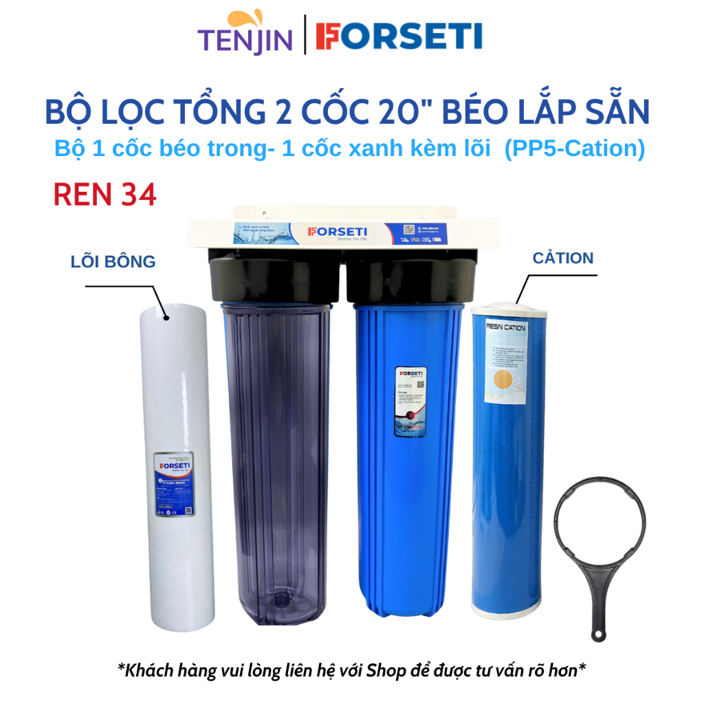 Bộ 2 Cốc Béo 20inch Lắp Sẵn (1 cốc TRONG, 1 cốc Xanh) Kèm Gông Tháo Dùng Lọc Nước Đầu Nguồn , Lọc Nước Sinh Hoạt