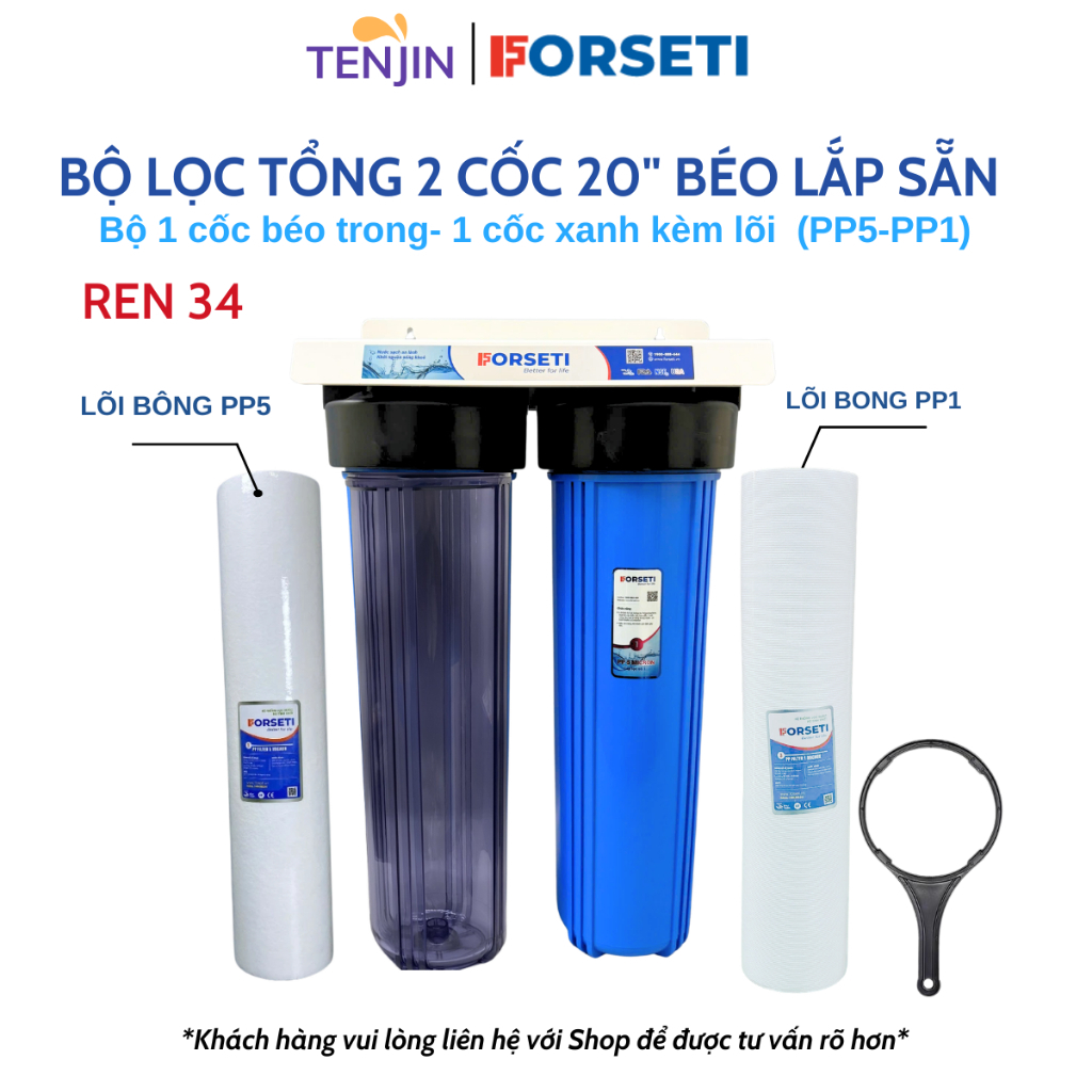 Bộ 2 Cốc Béo 20inch Lắp Sẵn (1 cốc TRONG, 1 cốc Xanh) Kèm Gông Tháo Dùng Lọc Nước Đầu Nguồn , Lọc Nước Sinh Hoạt
