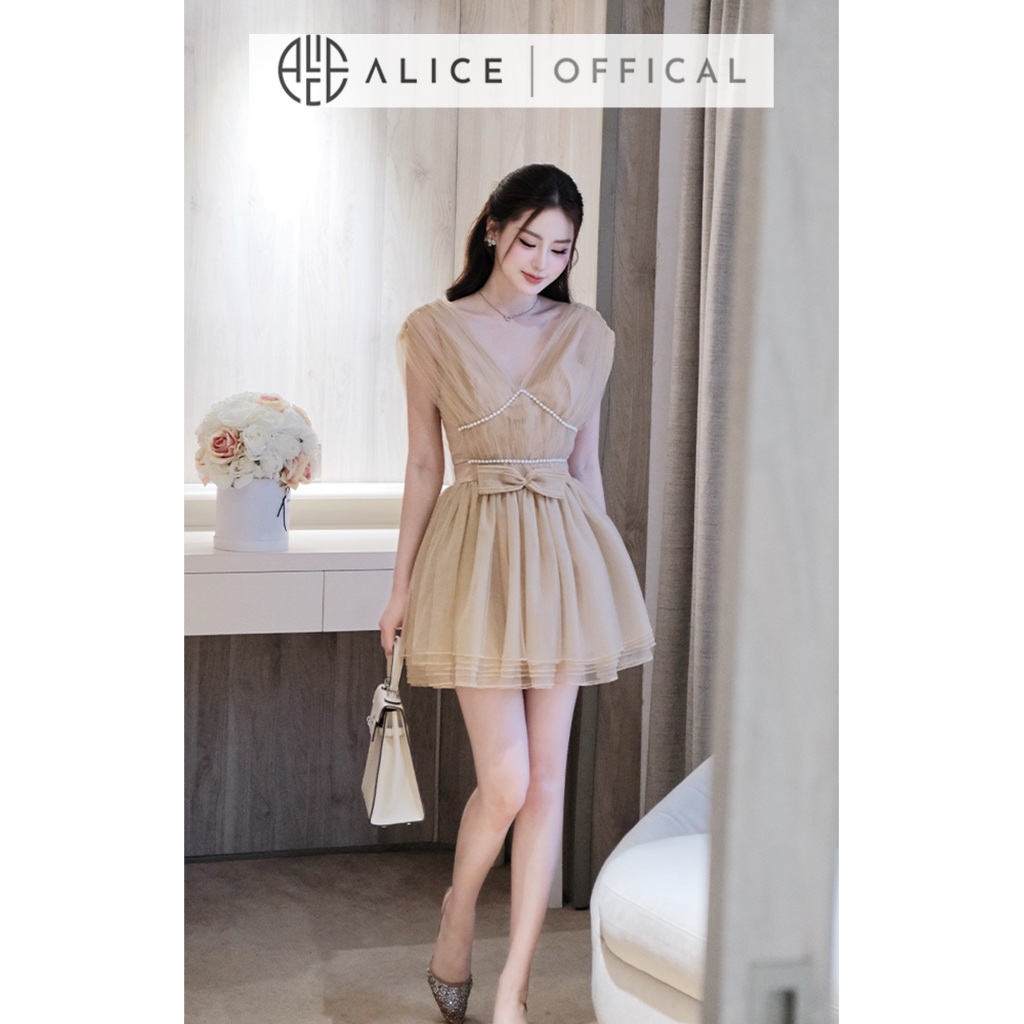 Váy Tiểu Thư Nữ Alice Đầm Xòe Lưới 6 Lớp Phối Ngọc Trai Đính Nơ Eo Cao Cấp Dự Tiệc Đi Chơi V1469