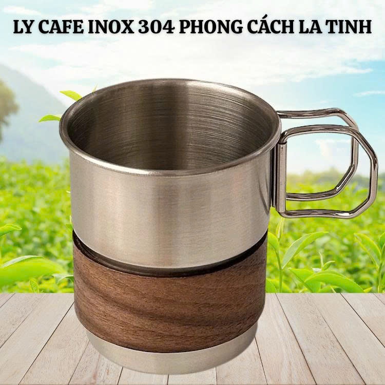 Ly cafe chuyên nghiệp Inox 304 quai gấp gon ốp gỗ chống trượt phong cách la tinh-Mẩu mới nhất