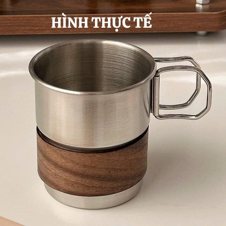 Ly cafe chuyên nghiệp Inox 304 quai gấp gon ốp gỗ chống trượt phong cách la tinh-Mẩu mới nhất