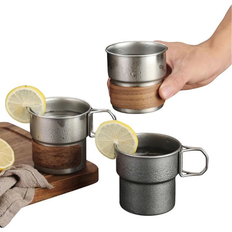 Ly cafe chuyên nghiệp Inox 304 quai gấp gon ốp gỗ chống trượt phong cách la tinh-Mẩu mới nhất