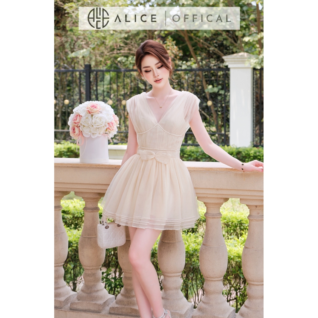 Váy Tiểu Thư Nữ Alice Đầm Xòe Lưới 6 Lớp Phối Ngọc Trai Đính Nơ Eo Cao Cấp Dự Tiệc Đi Chơi V1469