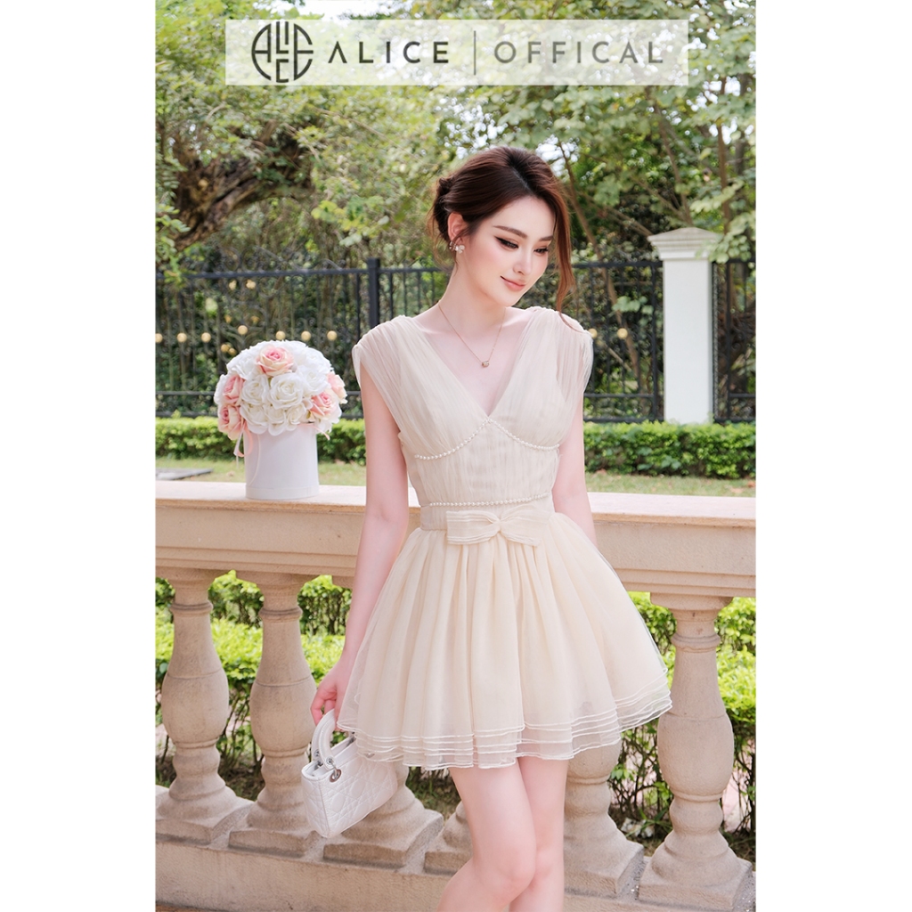 Váy Tiểu Thư Nữ Alice Đầm Xòe Lưới 6 Lớp Phối Ngọc Trai Đính Nơ Eo Cao Cấp Dự Tiệc Đi Chơi V1469