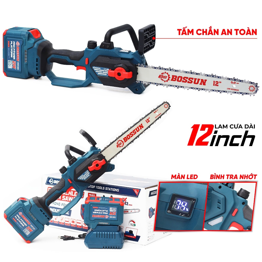 Máy Cưa Xích Pin BOSSUN BS-CS12BLC, Không Chổi Than, Chiều Dài Lam 26cm, Bình Tra Nhớt Tự Động Thép Cố Định – Phục Vụ