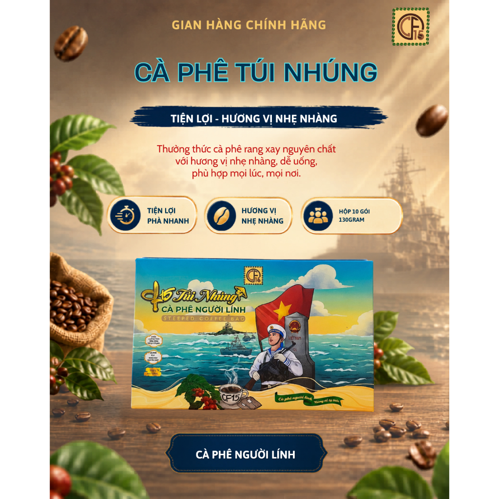 Cà Phê CF15 Túi Nhúng - Hộp 10 Gói - Cà Phê Người Lính| Robusta Nguyên Chất
