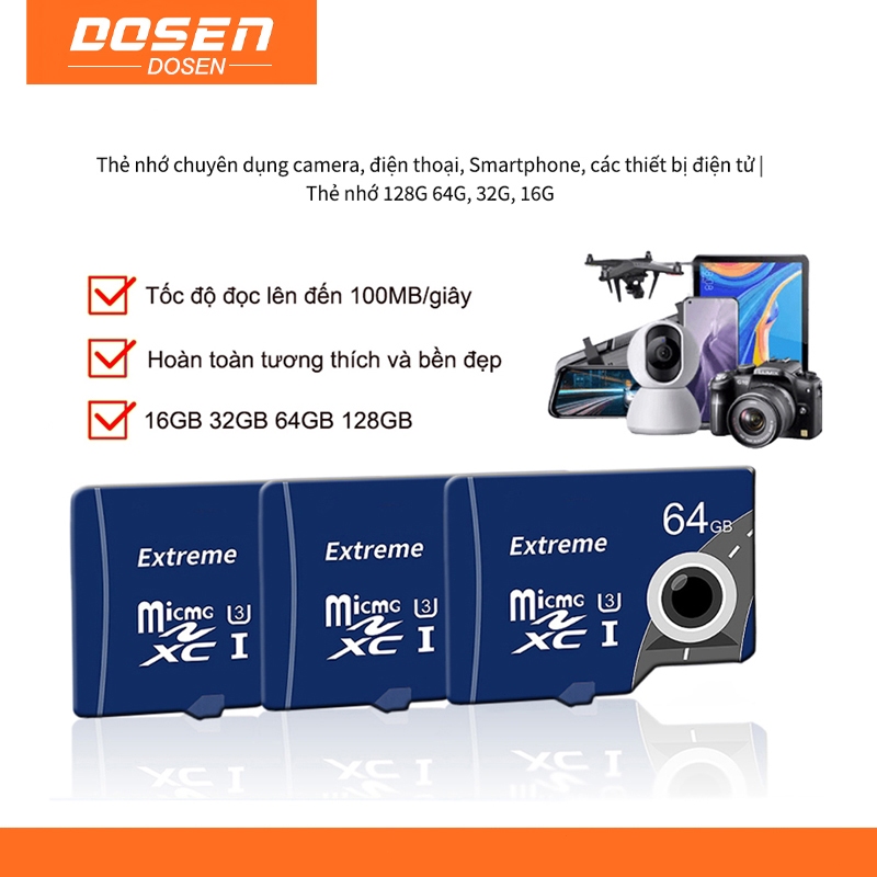 Dosen Thẻ nhớ Micro SD 16G/32G/64G/128G/ -tốc độ cao chuyện dụng cho Camera Smartphone Tốc độ đọc lên đến 100MB mỗi giây