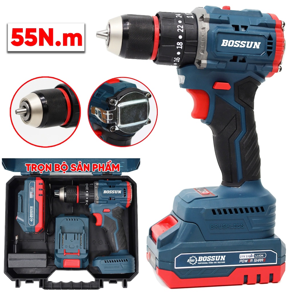 [UPDATE PIN] Máy Khoan Bossun BS-ID2110M - Lực 55N , Pin 10CELL Khoan Tường, Khoan Sắt, Gỗ, Bắt Vít