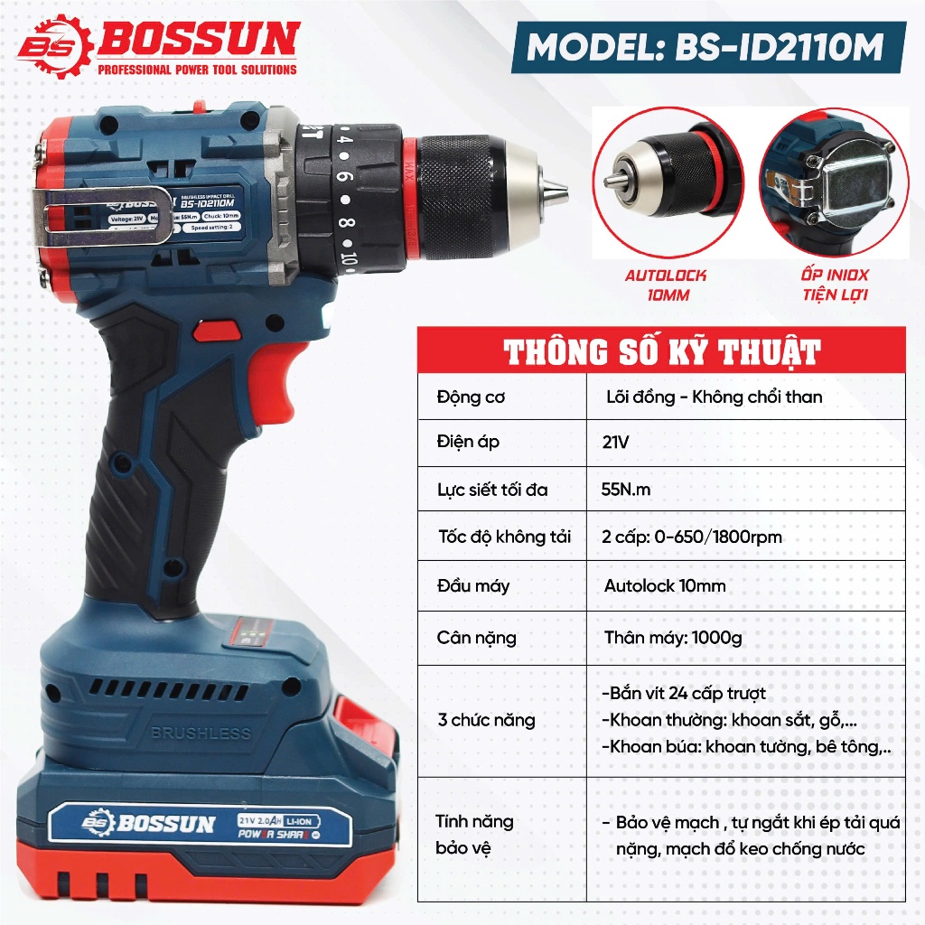 [UPDATE PIN] Máy Khoan Bossun BS-ID2110M - Lực 55N , Pin 10CELL Khoan Tường, Khoan Sắt, Gỗ, Bắt Vít