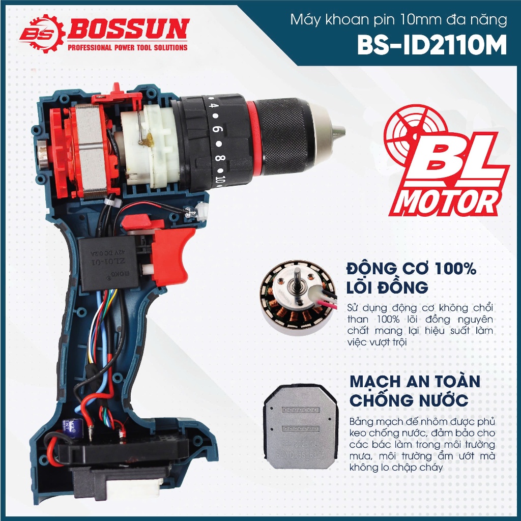 [UPDATE PIN] Máy Khoan Bossun BS-ID2110M - Lực 55N , Pin 10CELL Khoan Tường, Khoan Sắt, Gỗ, Bắt Vít