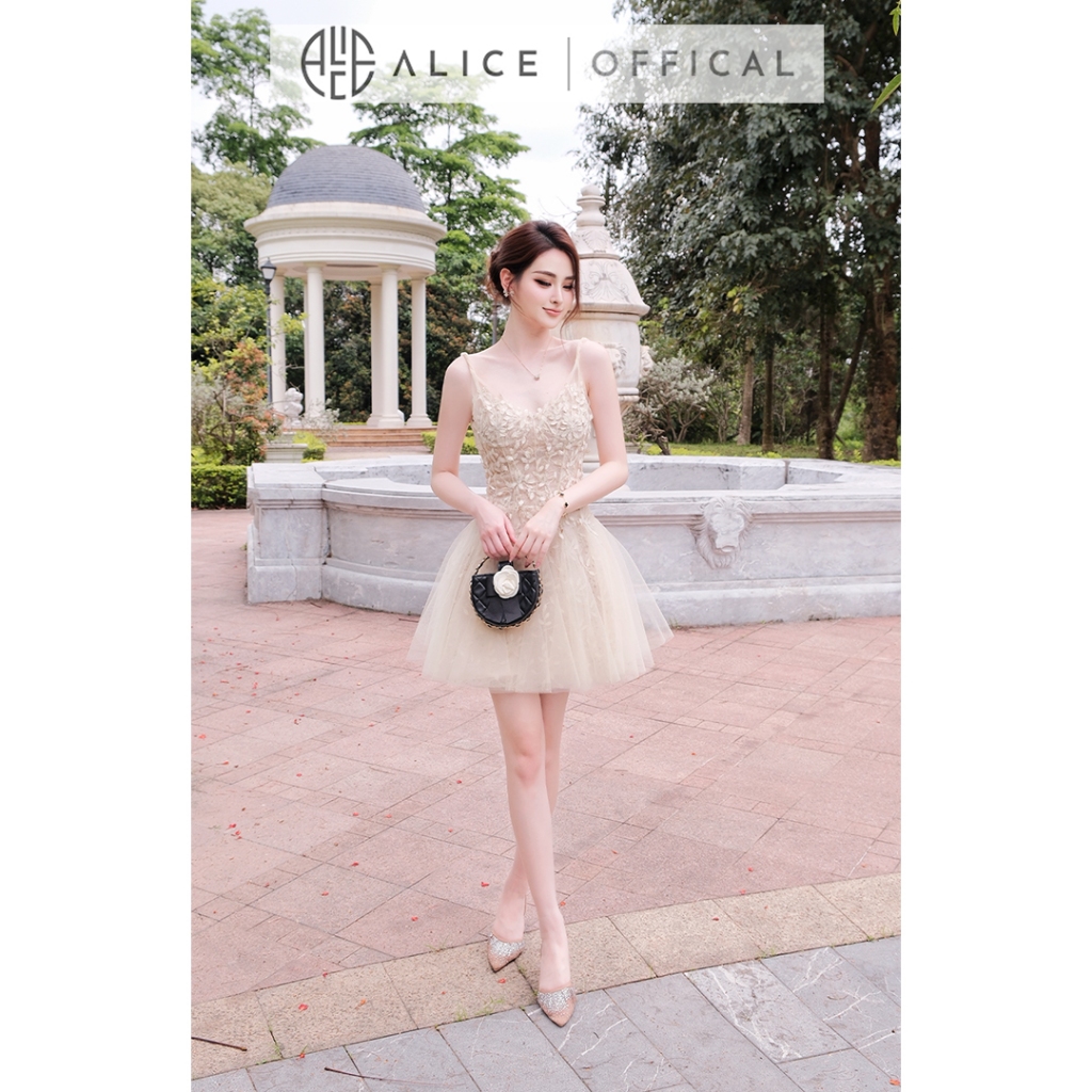Váy Ren Lá Cao Cấp Phối Lưới Lót Lụa Alice, Đầm Dự Tiệc Dáng Xoè Hai Dây Nữ Tính Sang Trọng V1470