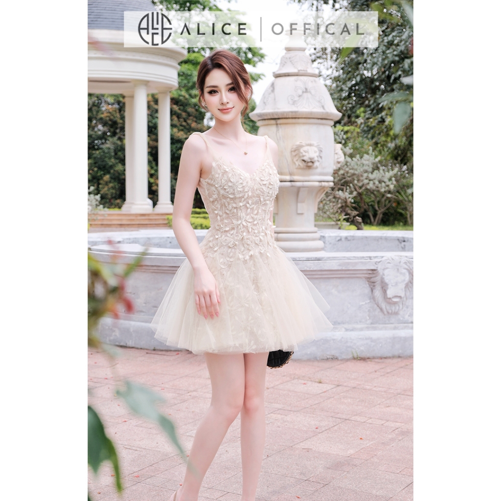 Váy Ren Lá Cao Cấp Phối Lưới Lót Lụa Alice, Đầm Dự Tiệc Dáng Xoè Hai Dây Nữ Tính Sang Trọng V1470