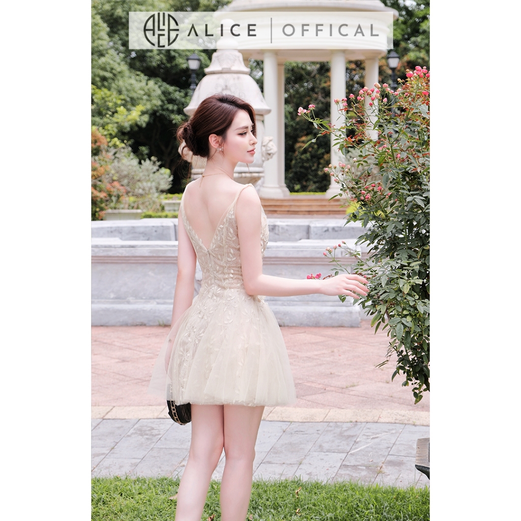 Váy Ren Lá Cao Cấp Phối Lưới Lót Lụa Alice, Đầm Dự Tiệc Dáng Xoè Hai Dây Nữ Tính Sang Trọng V1470