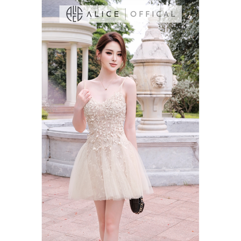 Váy Ren Lá Cao Cấp Phối Lưới Lót Lụa Alice, Đầm Dự Tiệc Dáng Xoè Hai Dây Nữ Tính Sang Trọng V1470
