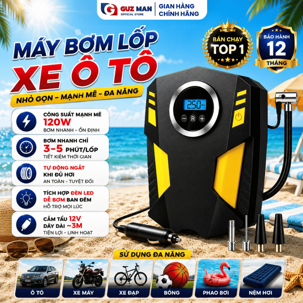 [TTT] Máy Bơm Lốp Xe Ô Tô, Xe Máy Mini Điện Tử Tự Ngắt 120W- Bơm Nhanh Màn Hình Led Cao Cấp Tiện Lợi