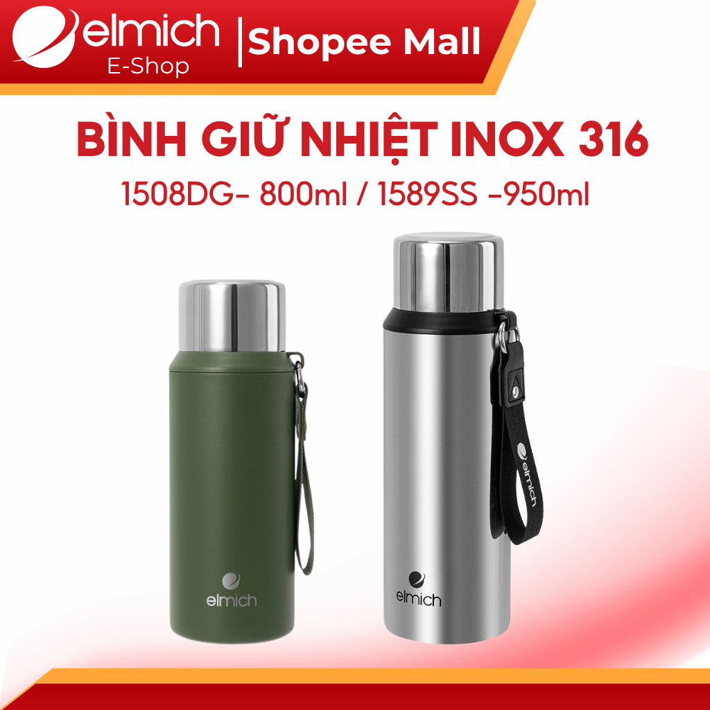 Bình Giữ Nhiệt Inox 316 Elmich 1589SS -950ml/ 1508DG -800ml Có Cốc Uống Quai Xách Giữ Nóng Lạnh Lâu