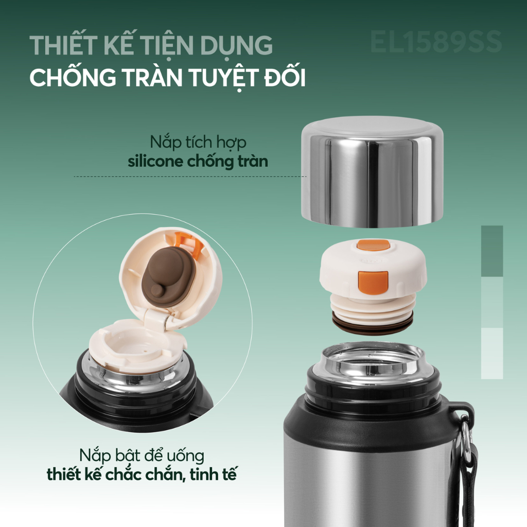 Bình Giữ Nhiệt Inox 316 Elmich 1589SS -950ml/ 1508DG -800ml Có Cốc Uống Quai Xách Giữ Nóng Lạnh Lâu