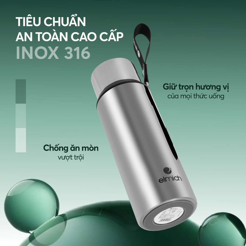 Bình Giữ Nhiệt Inox 316 Elmich 1589SS -950ml/ 1508DG -800ml Có Cốc Uống Quai Xách Giữ Nóng Lạnh Lâu