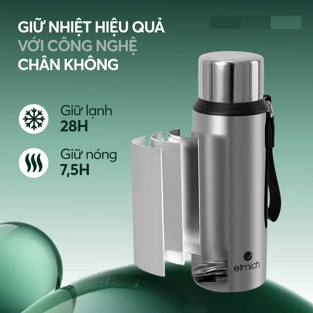 Bình Giữ Nhiệt Inox 316 Elmich 1589SS -950ml/ 1508DG -800ml Có Cốc Uống Quai Xách Giữ Nóng Lạnh Lâu