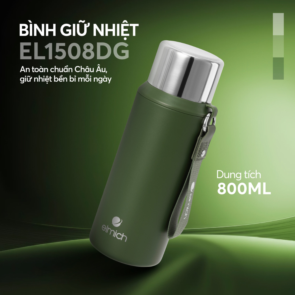 Bình Giữ Nhiệt Inox 316 Elmich 1589SS -950ml/ 1508DG -800ml Có Cốc Uống Quai Xách Giữ Nóng Lạnh Lâu