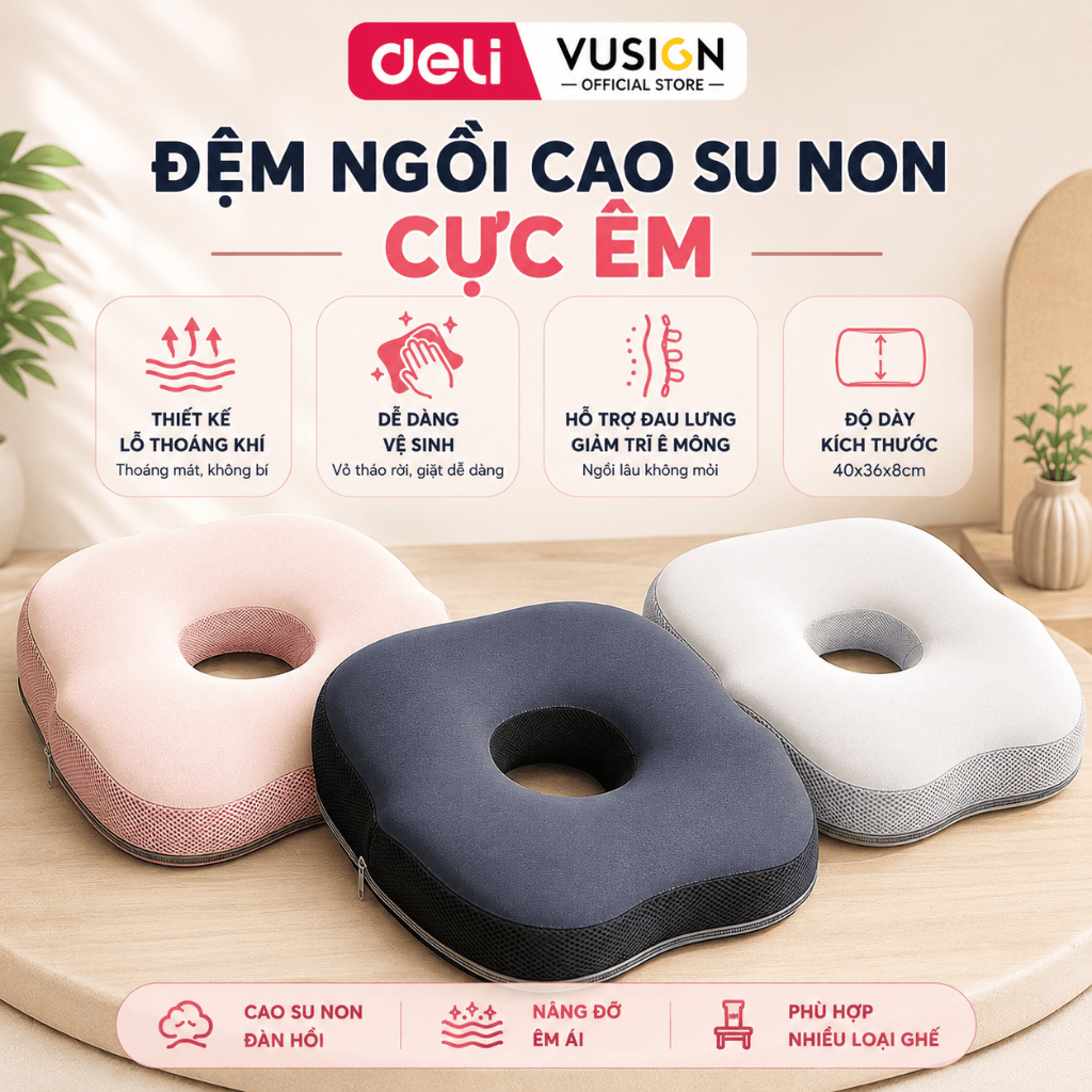 Đệm Ngồi Deli Nhiều Mẫu Cao Su Non Siêu Êm Gối Lót Ghế Văn Phòng Chống Trĩ Giảm Đau Lưng Ê Mông | BigBuy360 - bigbuy360.vn