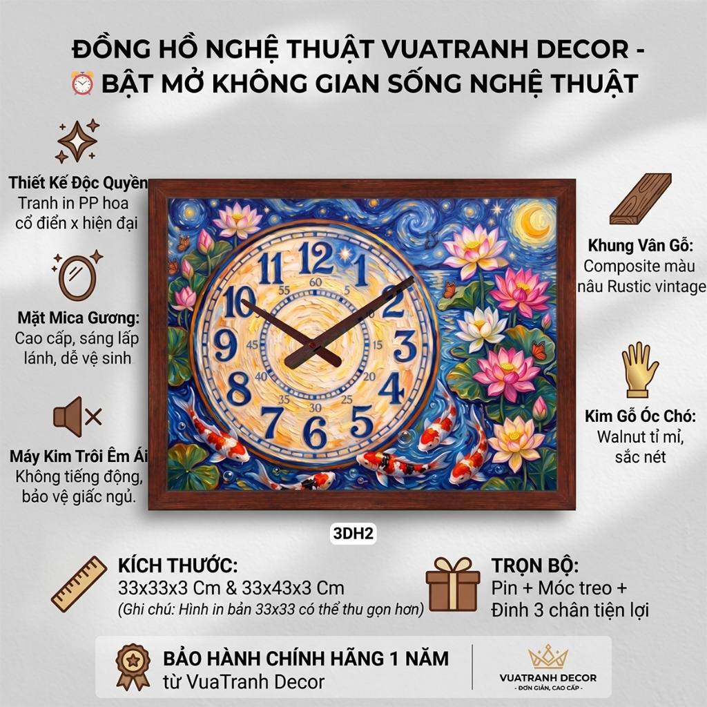 Đồng Hồ Treo Tường Nghệ Thuật Khung Vân Gỗ Họa Tiết Hoa Sen Và Cá Chép, Decor Nhà Cửa, Quà Tặng Đồng Hồ 2