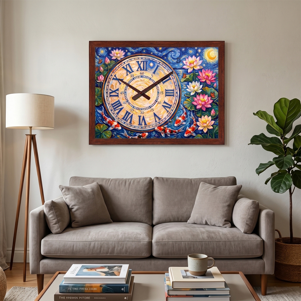 Đồng Hồ Treo Tường Nghệ Thuật Khung Vân Gỗ Họa Tiết Hoa Sen Và Cá Chép, Decor Nhà Cửa, Quà Tặng Đồng Hồ 2