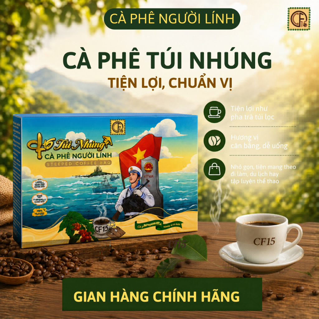 Cà Phê CF15 Túi Nhúng - Hộp 10 Gói - Cà Phê Người Lính| Robusta Nguyên Chất