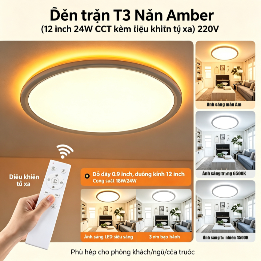 Đèn Trần LED Amber 3 Màu Ánh Sáng,Điều Khiển Từ Xa,Đèn Ốp Trần Phòng Khách Phòng Ngủ Cao Cấp 18W/24W