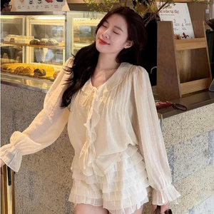 Áo Sơ Mi Nữ Kiểu Tay Dài Dáng Babydoll Xếp Ly Phối Nơ Bèo Nhún Nữ Tính Kimee - KA909