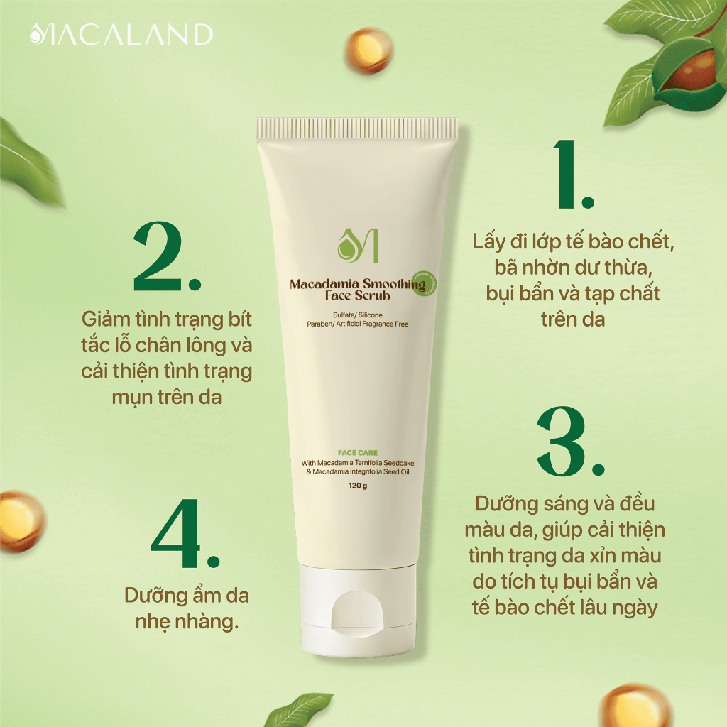 Tẩy Tế Bào Chết Da Mặt Mắc Ca 120g Làm Mịn Da Macaland - Macadamia Smoothing Face Scrub