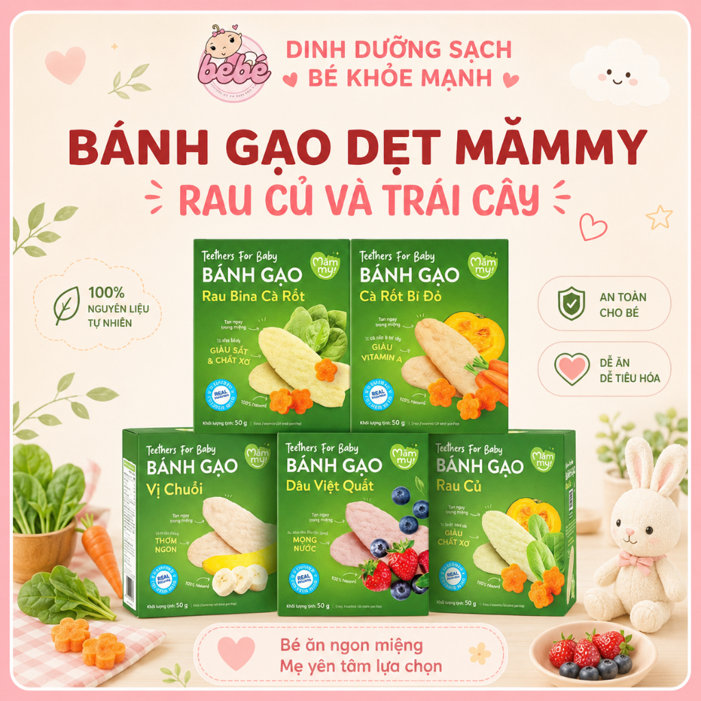 Bánh gạo dẹt rau củ Mămmy cho bé từ 6 tháng, giúp bé tập nhai bổ sung dinh dưỡng
